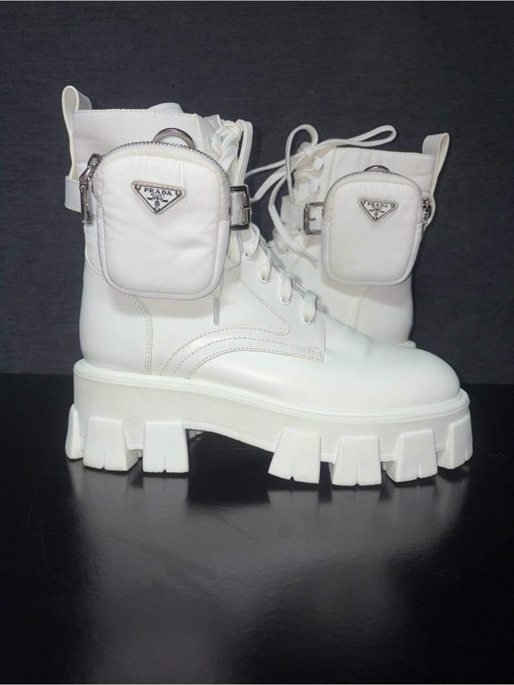Faux Prada White Leather Lug-Sole Combat Booties with Detachable Pouches